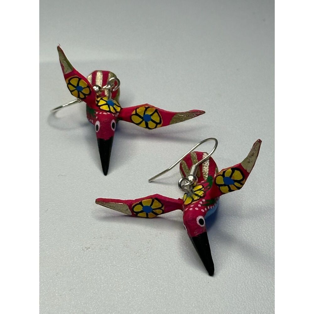 Pink Hummingbird Alebrije Earrings Hand Carved Painted Wood Oaxaca Mexican Folk